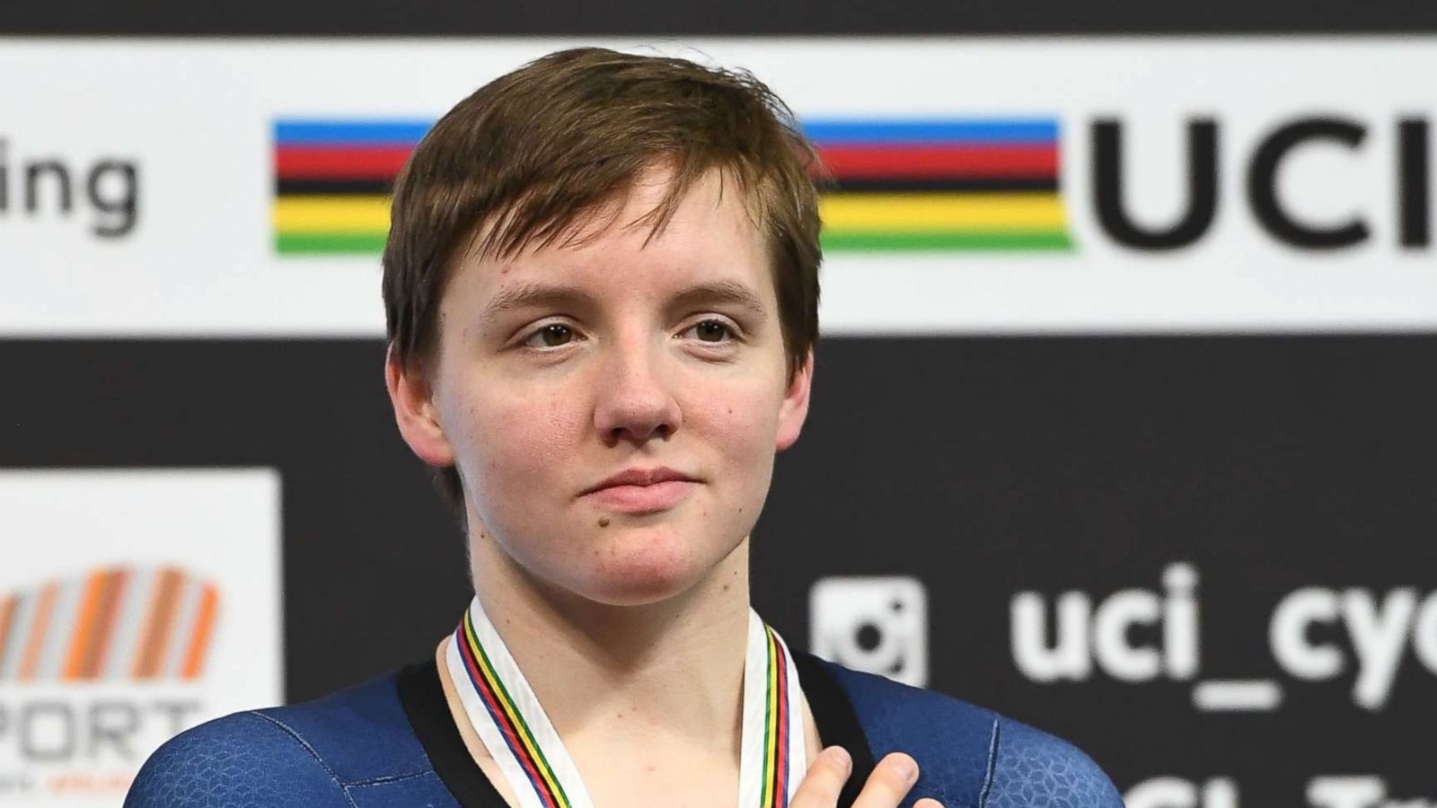 PHOTO: Bronze medalist Kelly Catlin poses on the podium after taking part in the women's individual pursuit final during the UCI Track Cycling World Championships in Apeldoorn, Netherlands, March 3, 2018.