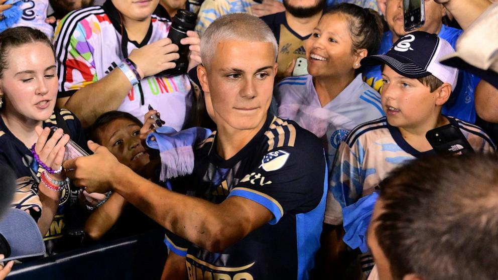 PHOTO: Philadelphia Union midfielder Cavan Sullivan signs autographs after the game against the New England Revolution at Subaru Park, July 17, 2024, in Philadelphia. 