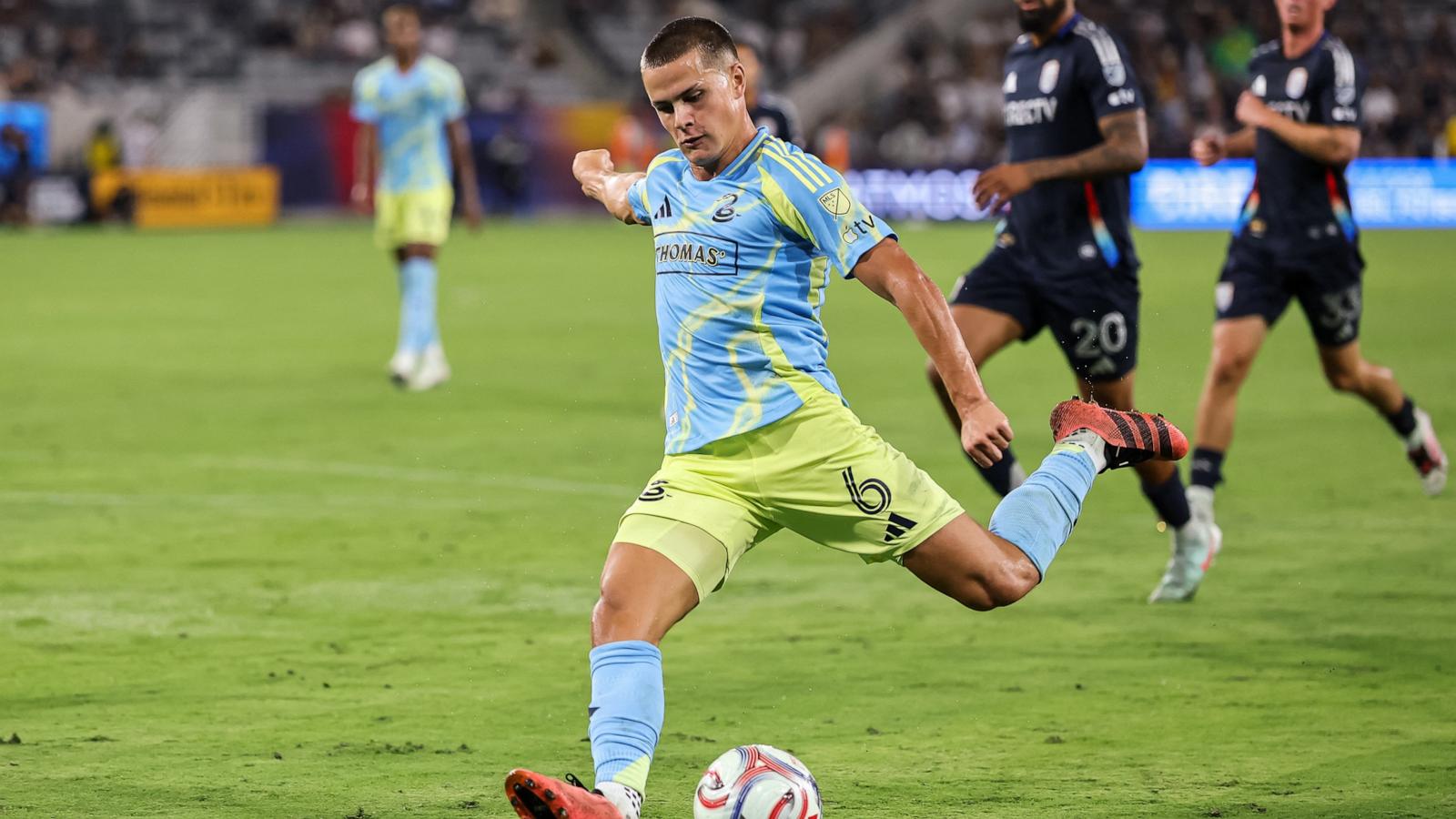 PHOTO: Philadelphia Union midfielder Cavan Sullivan scores on a shot during the second half against San Diego FC at Snapdragon Stadium, on Sept. 13, 2026, in San Diego, Calif.