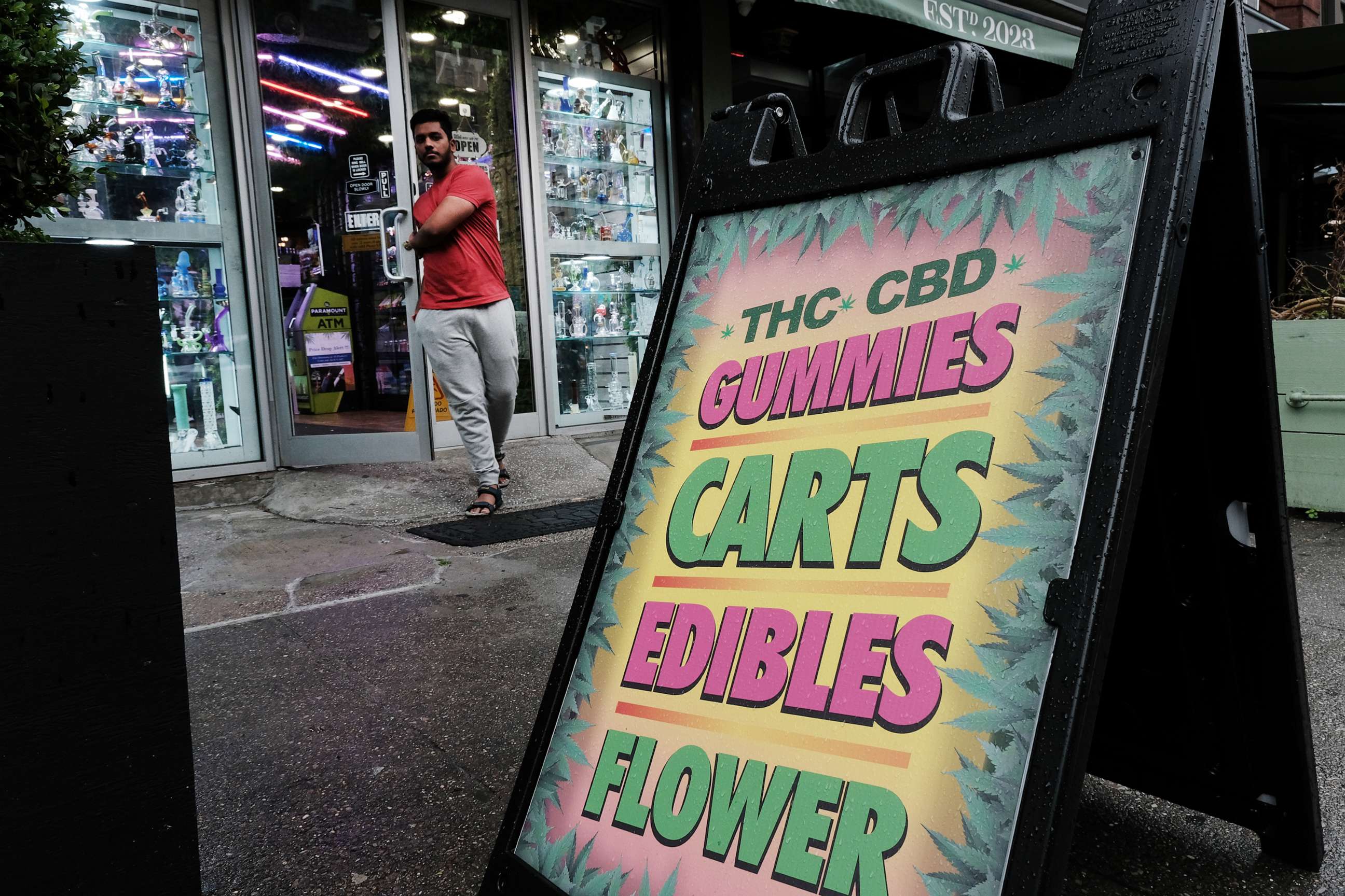 PHOTO: A shop advertises gummies and other edible products, June 16, 2023, in New York City.