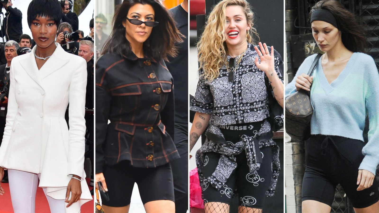 PHOTO: Damaris Lewis, Kourtney Kardashian, Miley Cyrus and Bella Hadid have all been seen out and about in cycling shorts in 2018.