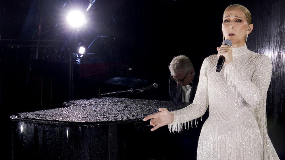 PHOTO: This photo released by the Olympic Broadcasting Services shows Celine Dion performing on the Eiffel Tower during the opening ceremony for the 2024 Summer Olympics in Paris, France, July 26, 2024. 