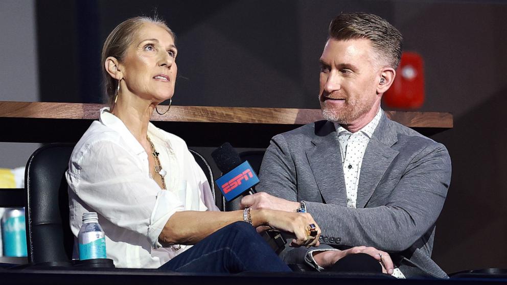 PHOTO: Celine Dion is interviewed during the TGL presented by SoFi match between the Atlanta Drive GC and the Jupiter Links Golf Club at SoFi Center on March 04, 2025 in Palm Beach Gardens, Florida.