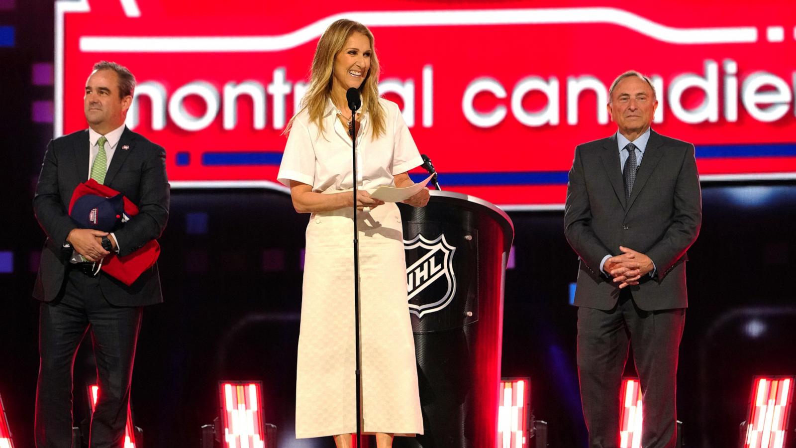 PHOTO: Singer Celine Dion speaks during the first round of the 2024 NHL Draft at The Sphere, in Las Vegas, on June 28, 2024.