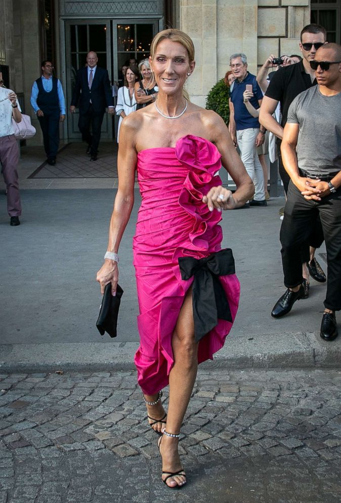 Celine Dion dons pink floral pussybow Gucci dress in Paris