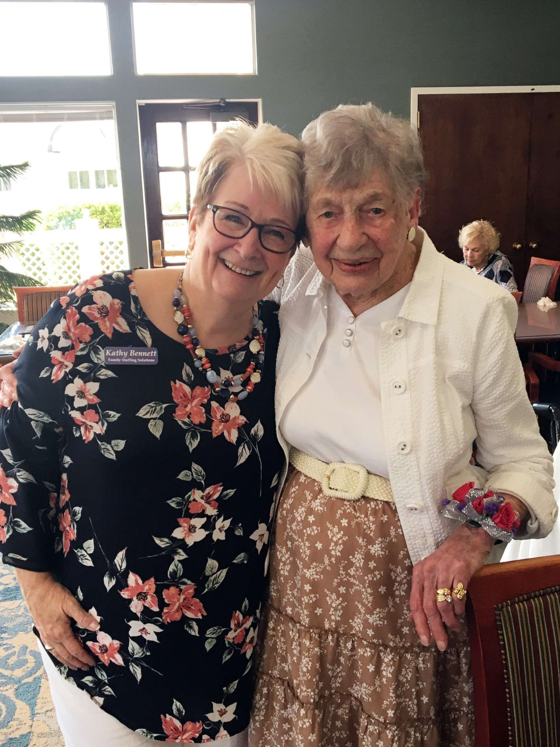 PHOTO: Kathy Bennett of Family Staffing Solutions poses for a photo with Marion L. Lyon, 104, during a celebration at the Meadows Lakeshore Senior Living in Nashville, Aug. 15, 2019.