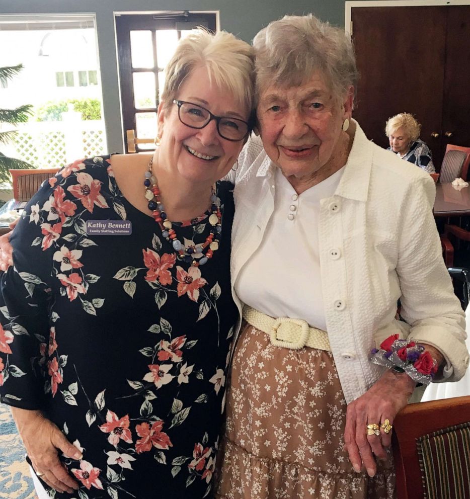 PHOTO: Kathy Bennett of Family Staffing Solutions poses for a photo with Marion L. Lyon, 104, during a celebration at the Meadows Lakeshore Senior Living in Nashville, Aug. 15, 2019.