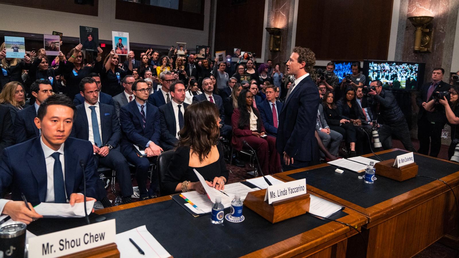 PHOTO: Mark Zuckerberg, CEO of Meta, apologizes to families who have been harmed due to unsafe social media during the Senate Judiciary Committee hearing in the Dirksen Senate Office Building, Jan. 31, 2024, in Washington.