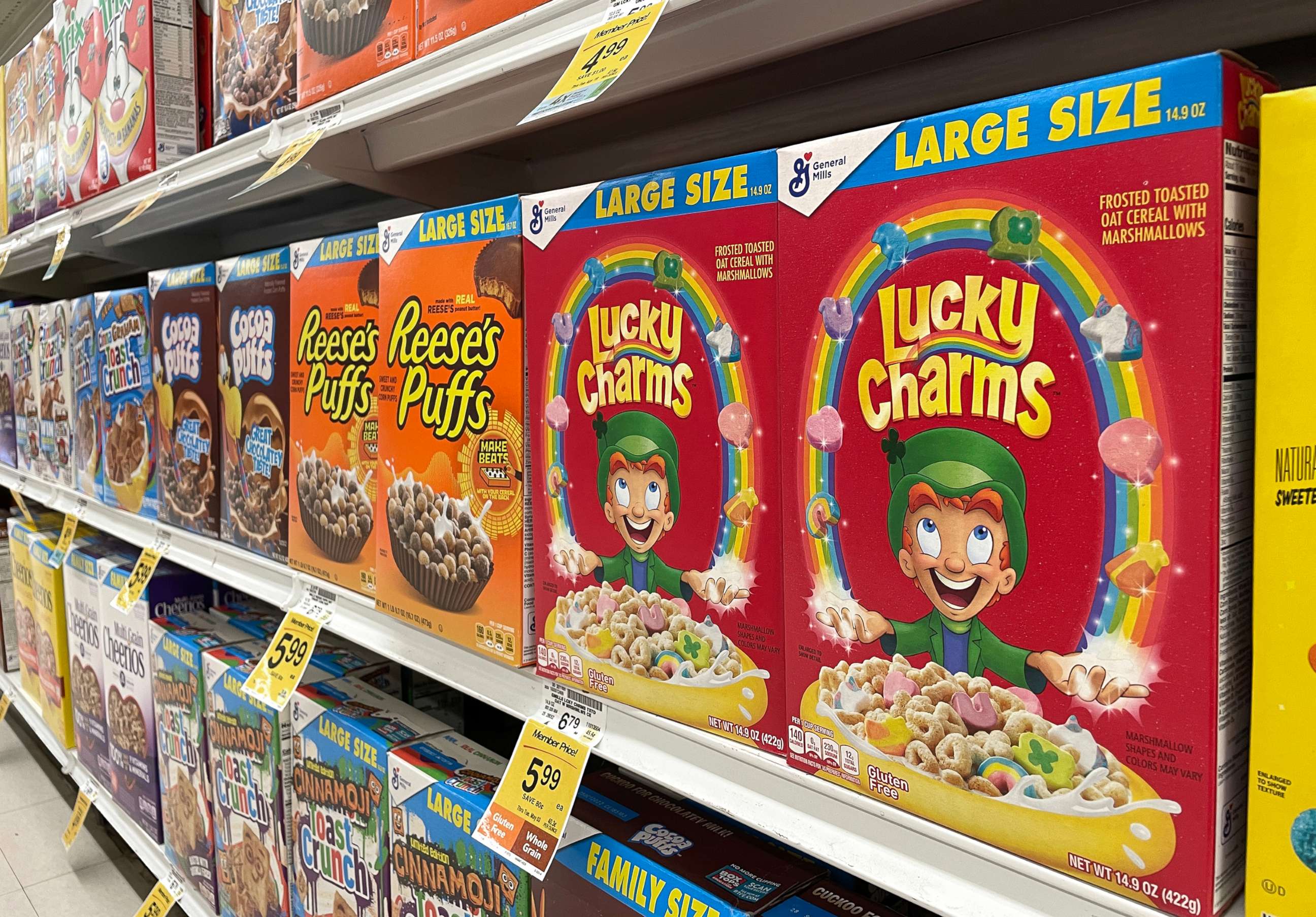 PHOTO: Boxes of General Mills Lucky Charms cereal are displayed at a grocery store, April 18, 2022, in San Anselmo, Calif.