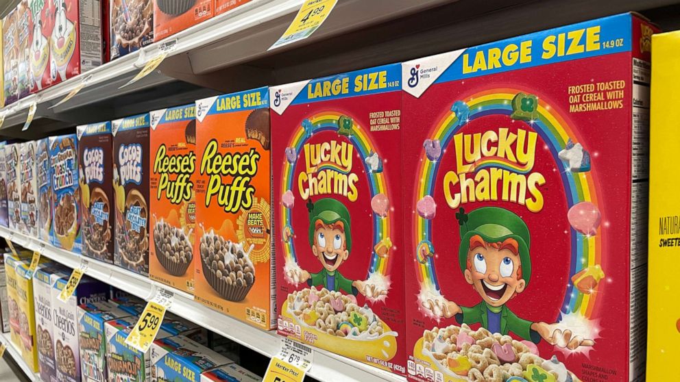 PHOTO: Boxes of General Mills Lucky Charms cereal are displayed at a grocery store, April 18, 2022, in San Anselmo, Calif.