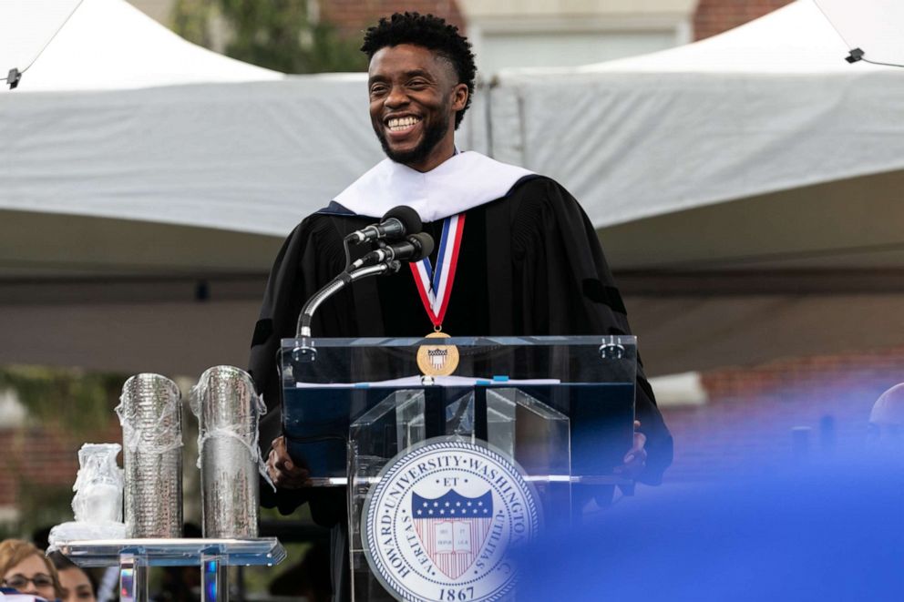 PHOTO: Actor and alumnus Chadwick Boseman delivers the keynote address at Howard University's commencement ceremony for the 2018 graduating class.