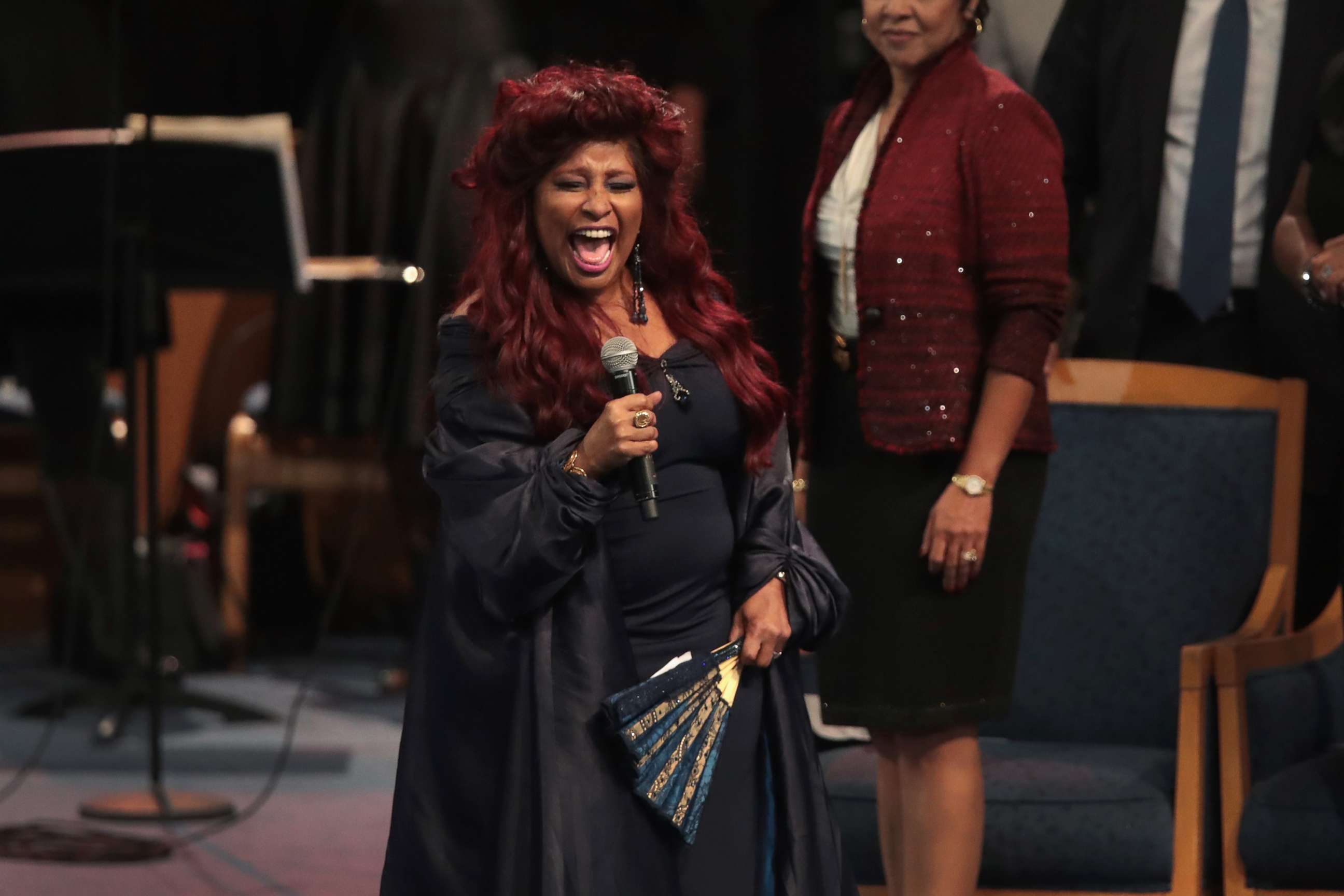 PHOTO: Singer Chaka Khan performs at the funeral for Aretha Franklin at the Greater Grace Temple on Aug. 31, 2018 in Detroit.