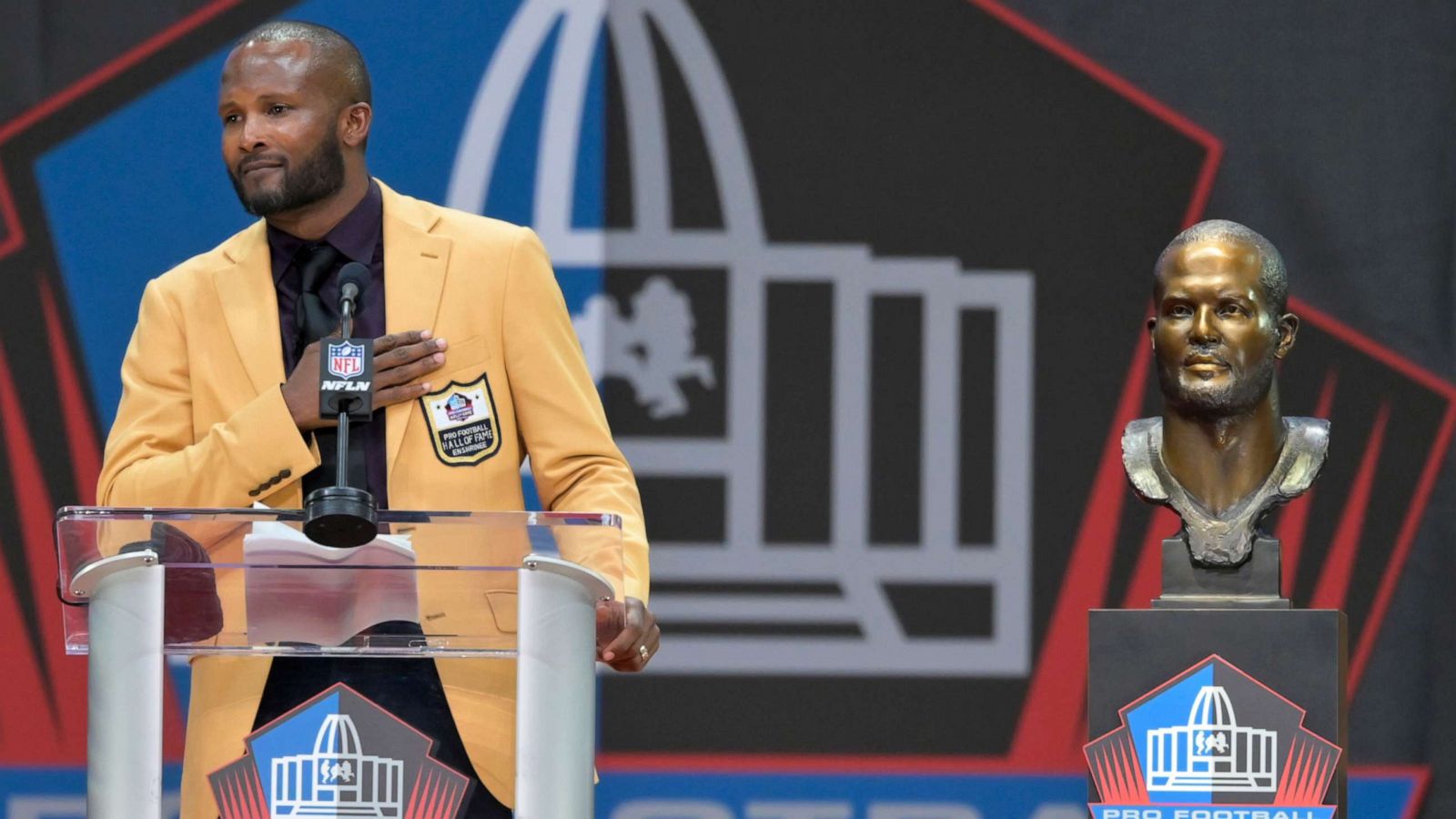 PHOTO: Former NFL player Champ Bailey speaks during the induction ceremony at the Pro Football Hall of Fame, Aug. 3, 2019, in Canton, Ohio.