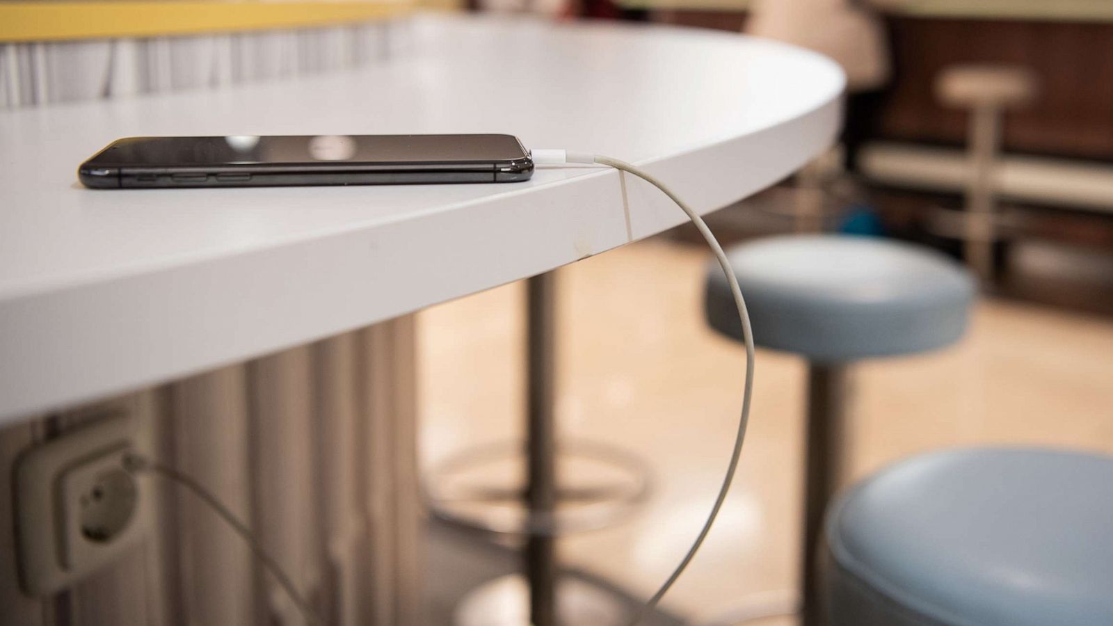 PHOTO: A mobile phone is charged at a public mobile phone charging station, Nov. 8, 2019.