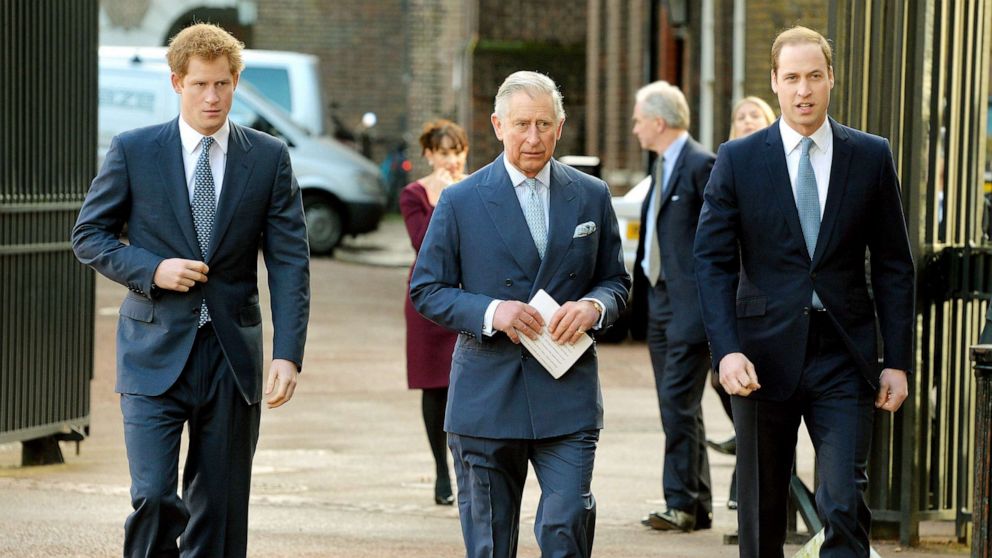 PHOTO: Prince Harry, Prince Charles, Prince of Wales and Prince William arrive at the Illegal Wildlife Trade Conference at Lancaster House, Feb. 13, 2014, in London.
