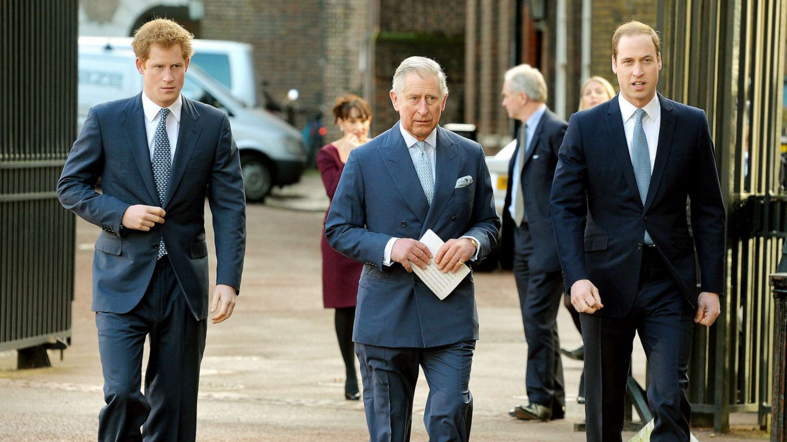 PHOTO: Prince Harry, Prince Charles, Prince of Wales and Prince William arrive at the Illegal Wildlife Trade Conference at Lancaster House, Feb. 13, 2014, in London.