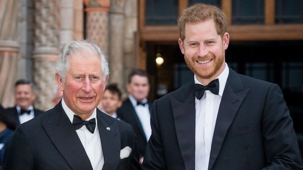 PHOTO: King Charles III and Prince Harry attend the "Our Planet" global premiere at the Natural History Museum,April 4, 2019, in London.