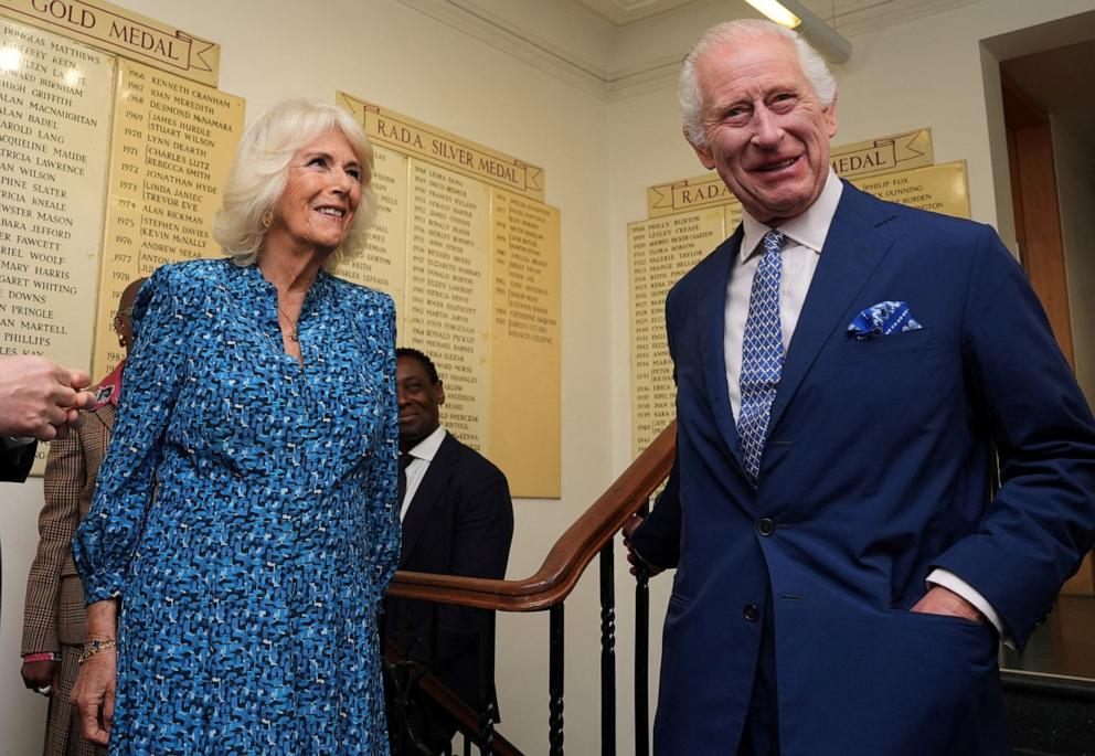 PHOTO: Britain's King Charles, Patron of the Royal Academy of Dramatic Art and Queen Camilla visit RADA in London, May 29, 2024. 