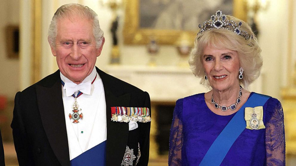 PHOTO: Britain's King Charles III and Britain's Camilla, Queen Consort attend a State Banquet at Buckingham Palace in London, Nov. 22, 2022.