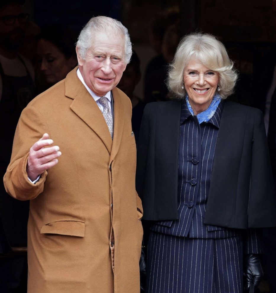 PHOTO: King Charles III and Camilla, Queen Consort visit the Talbot Yard food court on April 5, 2023 in Malton, England.