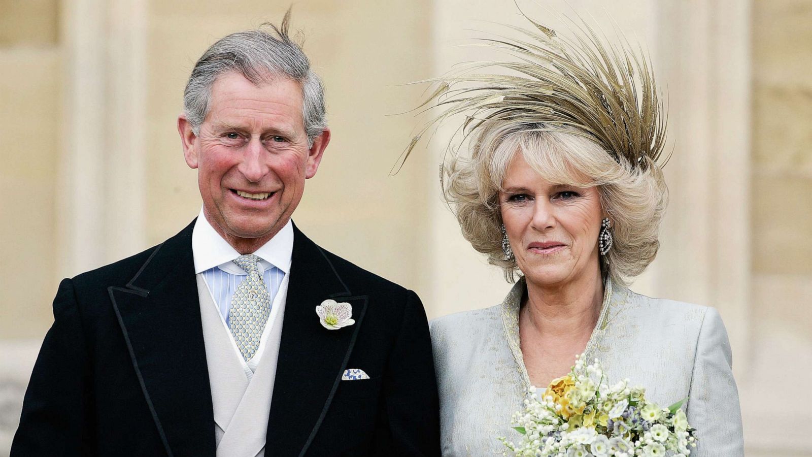 PHOTO: HRH the Prince of Wales, Prince Charles, and The Duchess Of Cornwall, Camilla Parker Bowles leave the Service of Prayer and Dedication blessing their marriage at Windsor Castle on April 9, 2005 in Berkshire, England.