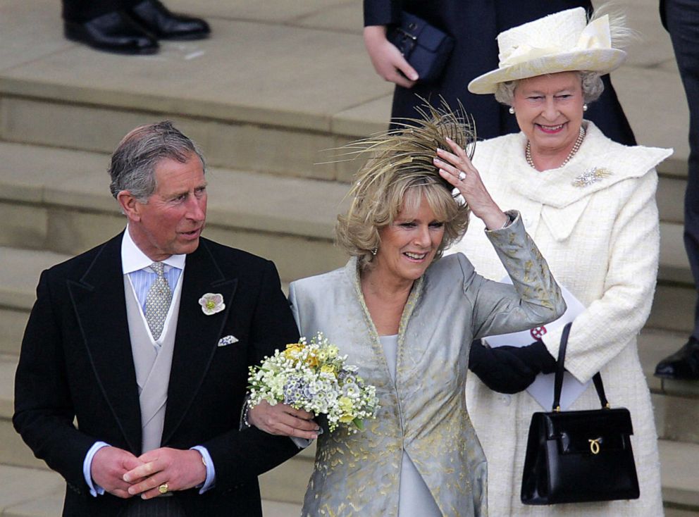 PHOTO: Prince Charles and the Duchess of Cornwall, formerly Camilla Parker Bowles, are followed by Queen Elizabeth II after the blessing ceremony at the St George's Chapel at Windsor Castle, April 9, 2005. 