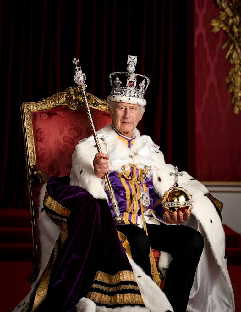 PHOTO: Britain's King Charles III poses for a photo in full regalia in the Throne Room, at Buckingham Palace in London, in this photo made available by Buckingham Palace on May 8, 2023, following his coronation.