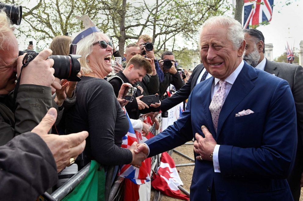 PHOTO: Britain's King Charles reacts as he meets well-wishers during a walkabout on The Mall outside Buckingham Palace ahead of his and Camilla, Queen Consort's coronation, in London, May 5, 2023.