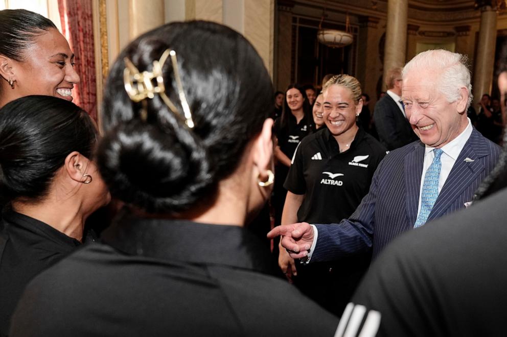 PHOTO: King Charles III smiles as he meets New Zealand's Black Ferns rugby union team at Buckingham Palace in London, Sept. 11, 2024.