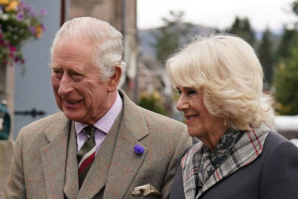 PHOTO: King Charles III and Camilla, Queen Consort arrive at a reception to thank the community of Aberdeenshire at Station Square, the Victoria & Albert Halls, in Ballater, on Oct. 11, 2022.