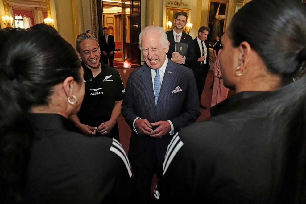 PHOTO: King Charles III smiles as he meets New Zealand's Black Ferns rugby union team at Buckingham Palace in London, Sept. 11, 2024.