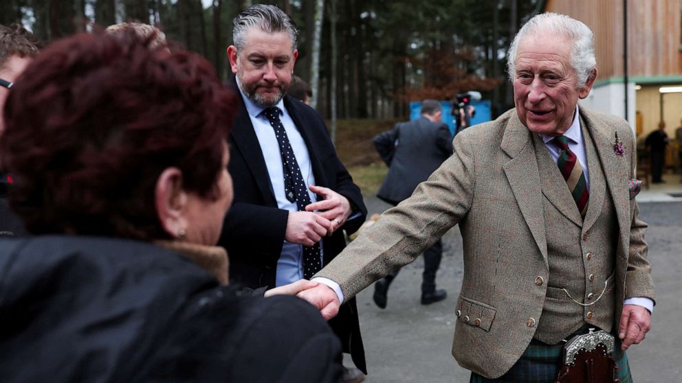 PHOTO: Britain's King Charles visits the Aboyne and Mid Deeside Community Shed in Aboyne, Scotland, Jan. 12, 2023.