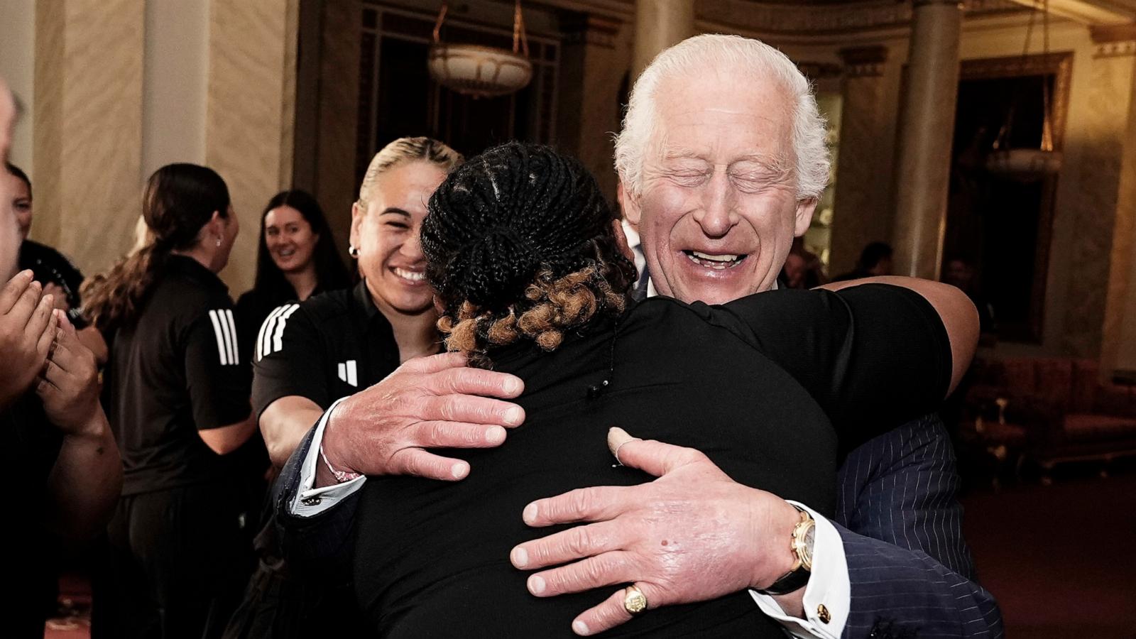 PHOTO: King Charles III smiles as he meets New Zealand's Black Ferns rugby union team at Buckingham Palace in London, Sept. 11, 2024.