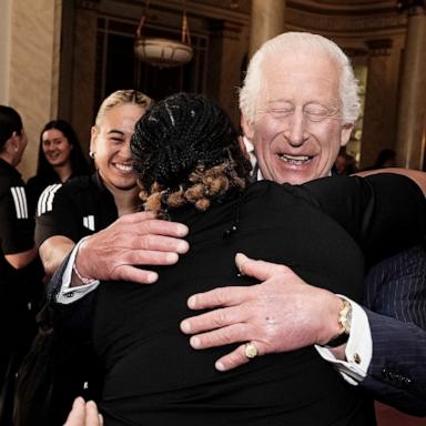 PHOTO: King Charles III smiles as he meets New Zealand's Black Ferns rugby union team at Buckingham Palace in London, Sept. 11, 2024.