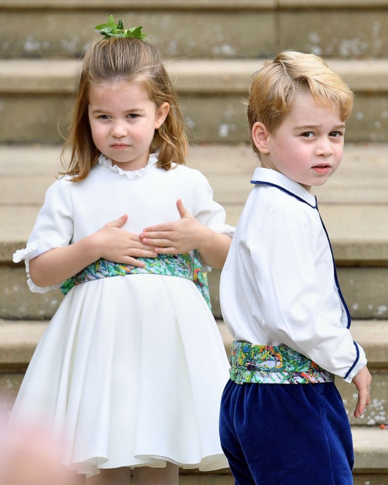 PHOTO: Britain's Princess Charlotte and Prince George attend the wedding of Princess Eugenie of York and Jack Brooksbank at St George's Chapel, Oct. 12, 2018, in Windsor, England.