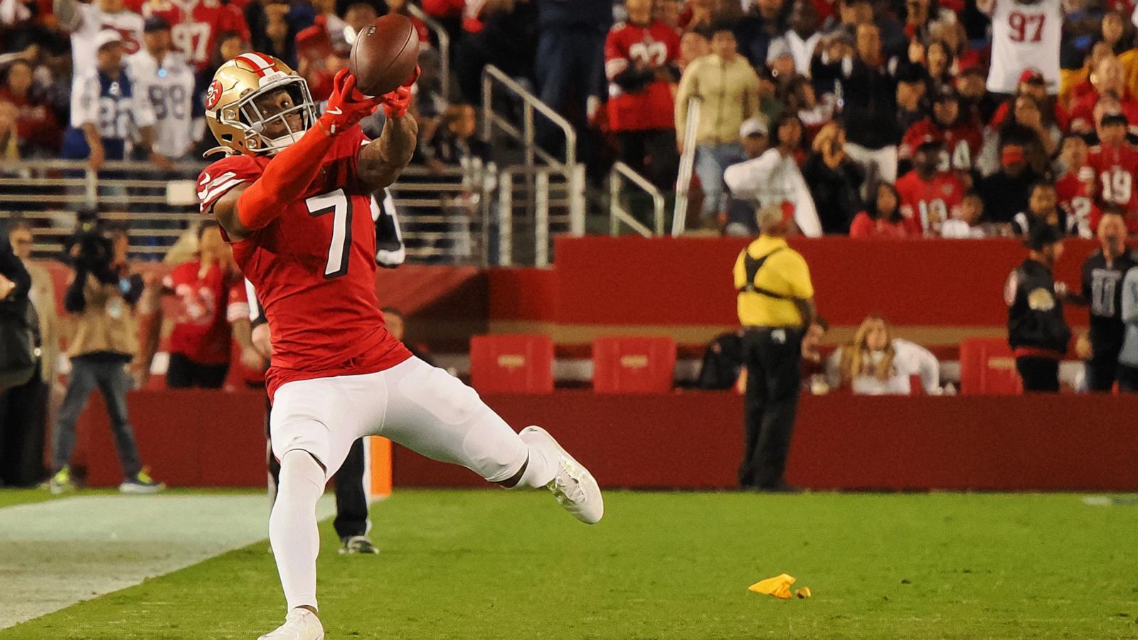 PHOTO: NFL: San Francisco 49ers cornerback Charvarius Ward (7) attempts to gather the ball on a Dallas Cowboys incomplete pass during the fourth quarter at Levi's Stadium Oct. 27, 2024.