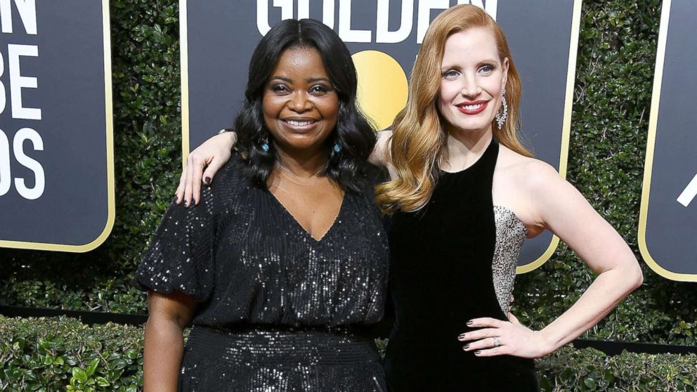 PHOTO: Jessica Chastain and Octavia Spencer arrive at the 75th annual Golden Globe Awards at the Beverly Hilton Hotel, Jan. 7, 2018, in Beverly Hills, Calif.
