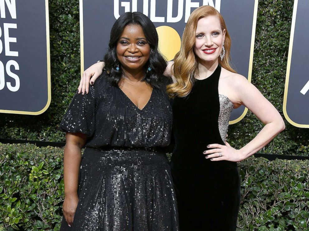 PHOTO: Jessica Chastain and Octavia Spencer arrive at the 75th annual Golden Globe Awards at the Beverly Hilton Hotel, Jan. 7, 2018, in Beverly Hills, Calif.