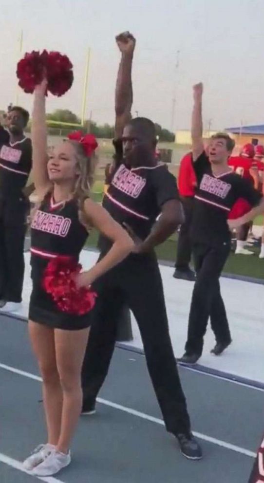 PHOTO: LaDarius Marshall, 20, a sophomore at Navarro College in Corsicana, Texas, is seen cheering as the Navarro College Bulldogs took on Georgia Military College on Aug. 23, 2018.