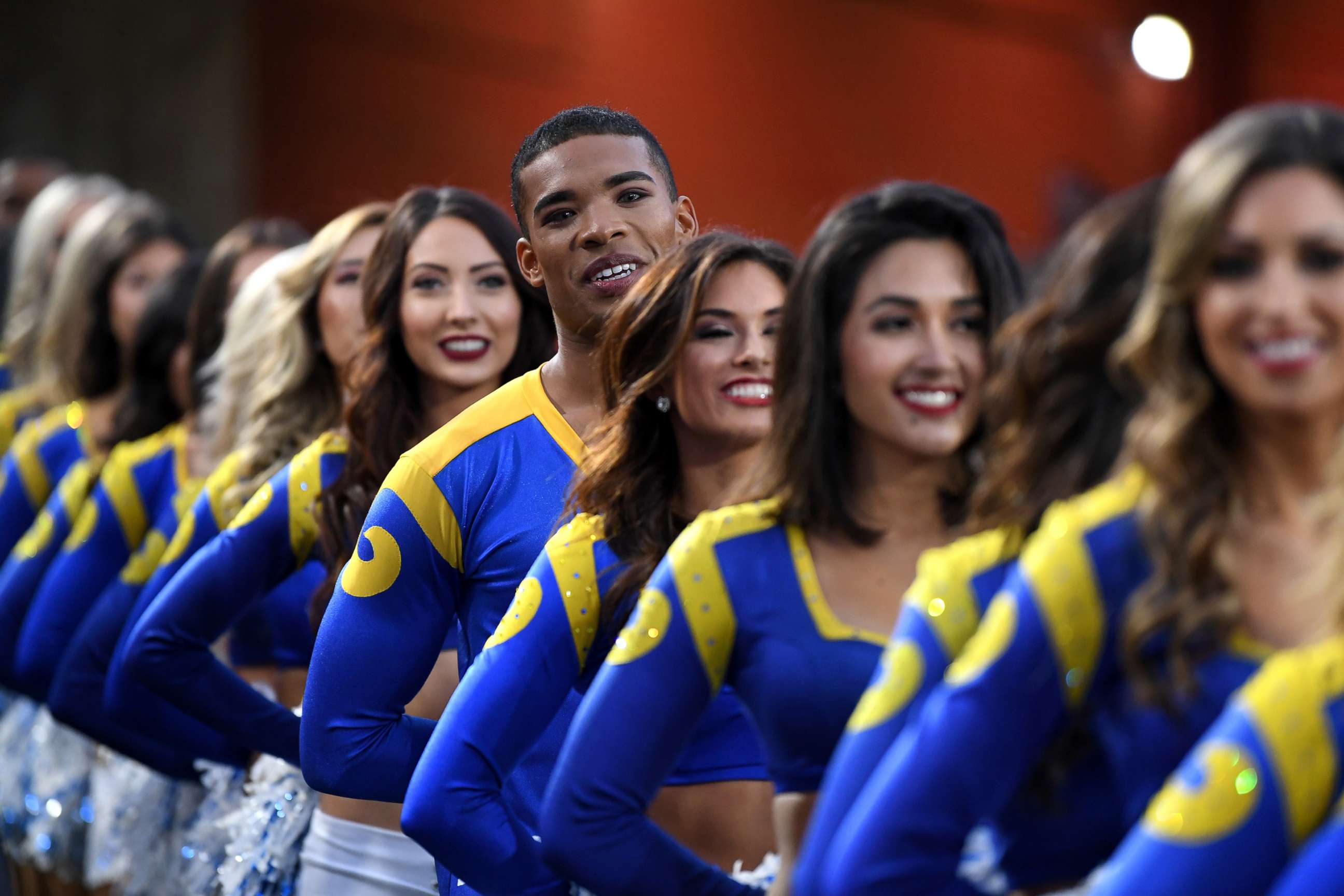 PHOTO: Los Angeles Rams cheerleaders wait to perform in the NFC Divisional Playoff game against the Dallas Cowboys at Los Angeles Memorial Coliseum, Jan. 12, 2019, in Los Angeles.