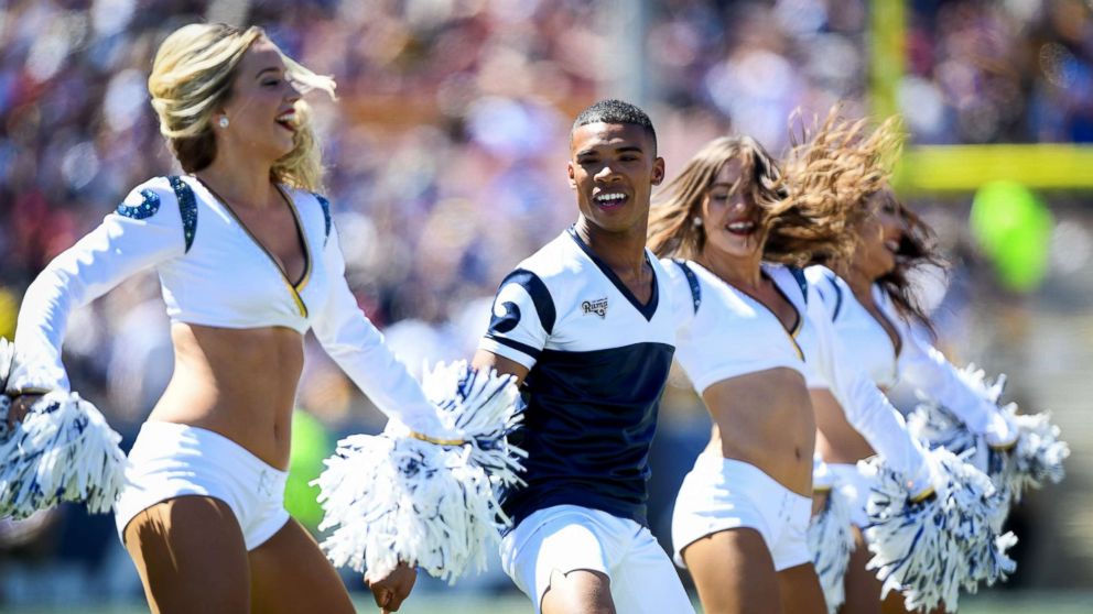 PHOTO: Los Angeles Rams cheerleader Napoleon Jinnies dances during the game against the Arizona Cardinals at Los Angeles Memorial Coliseum, Sept. 16, 2018, in Los Angeles.