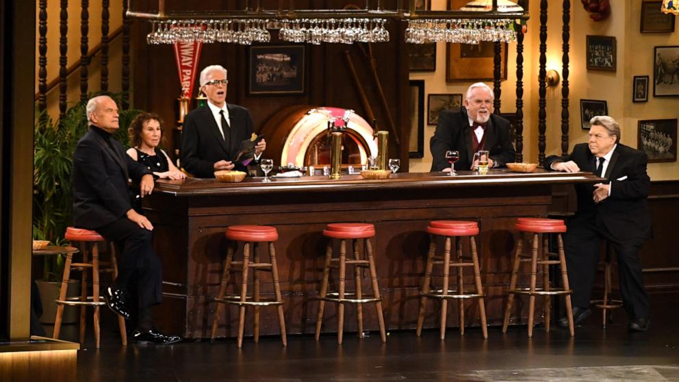 PHOTO: (L-R) Actors and cast of "Cheers" Ted Danson, Rhea Perlman, Kelsey Grammer, John Ratzenberger, George Wendt speak onstage during the 75th Emmy Awards at the Peacock Theatre, Jan. 15, 2024, in Los Angeles.
