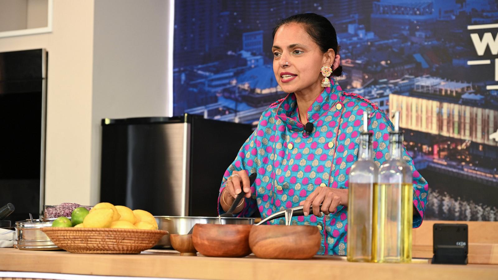 Maneet Chauhan gives a culinary demonstration at the Grand Tasting: Daytime Edition hosted by Sofia and Manolo Vergara during Food Network New York City Wine & Food Festival presented by Invesco QQQ on October 18, 2025 in New York City.