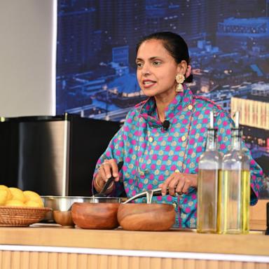 Maneet Chauhan gives a culinary demonstration at the Grand Tasting: Daytime Edition hosted by Sofia and Manolo Vergara during Food Network New York City Wine & Food Festival presented by Invesco QQQ on October 18, 2025 in New York City. 
