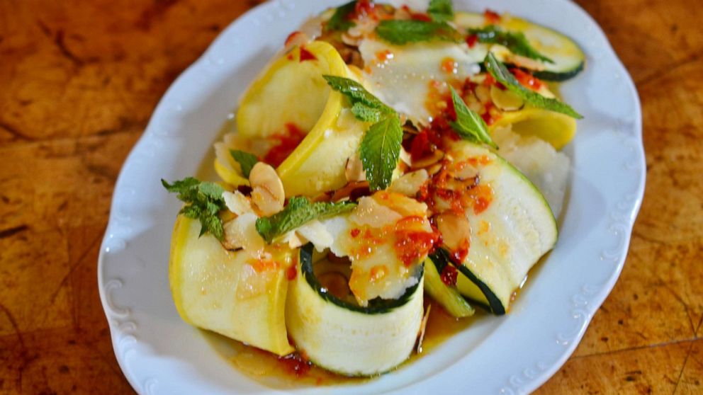 PHOTO: Summer squash, zucchini ribbon salad with Calabrian chili and almonds.