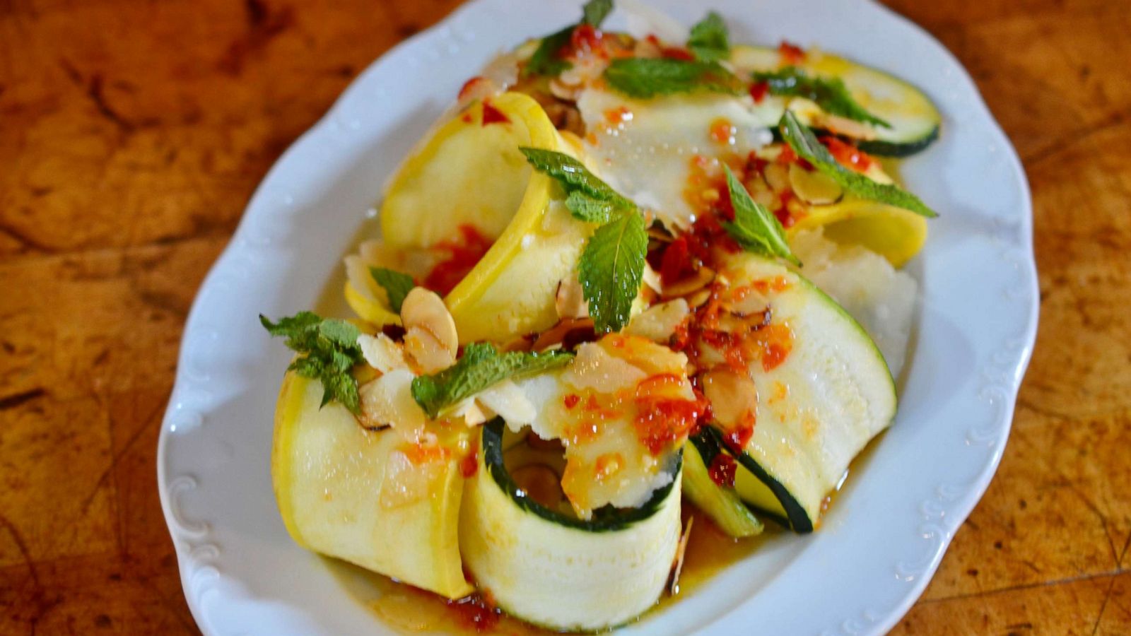 PHOTO: Summer squash, zucchini ribbon salad with Calabrian chili and almonds.