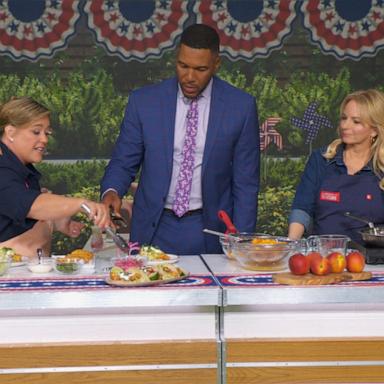 PHOTO: ABC News' Michael Strahan cooks alongside America's Test Kitchen hosts Bridget Lancaster and Julia Collin Davison on "Good Morning America" on June 29, 2026.