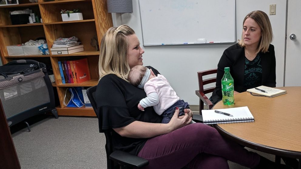 Chelsey DeRuyter is the first parent at the Girl Scouts of Greater Iowa to participate in the "Infants at Work" program with her daughter, 14-week-old Finley.