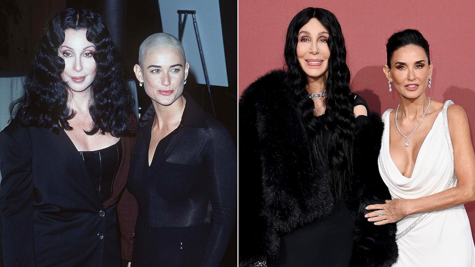 PHOTO: Cher and Demi Moore attend appear together, Oct. 1, 1996 in Los Angeles and again at the amfAR Cannes Gala, May 23, 2024, in Cap d'Antibes, France.