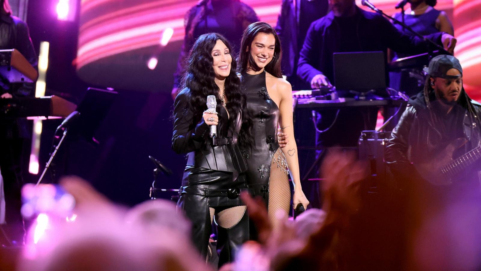 PHOTO: Cher and Dua Lipa perform onstage during the 2024 Rock & Roll Hall Of Fame Induction Ceremony streaming on Disney+ at Rocket Mortgage Fieldhouse on Oct. 19, 2024 in Cleveland.